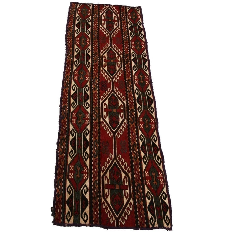 Antique Handmade Kilim Wool Geometric Tribal Runner 2x4ft: Antique Handmade Kilim Wool Geometric Tribal Runner 2x4ft This is an authentic antique handmade tribal Kilim runner, flatwoven with a striking geometric design in rich rust and red tones. Crafted from