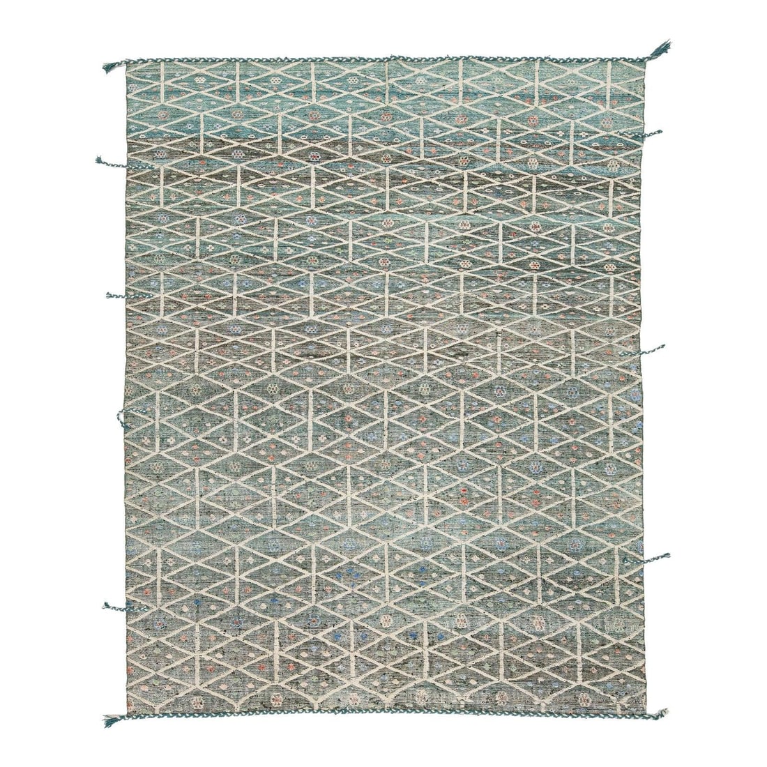 Hand-Knotted Wool Rug with Geometric Moroccan Pattern in Teal Charcoal 9'3 x 11'8: Hand-Knotted Wool Rug with Geometric Moroccan Pattern in Teal Charcoal 9'3 x 11'8 This Modern Moroccan-style rug features a hand-knotted construction using premium wool, combining tribal influences wi