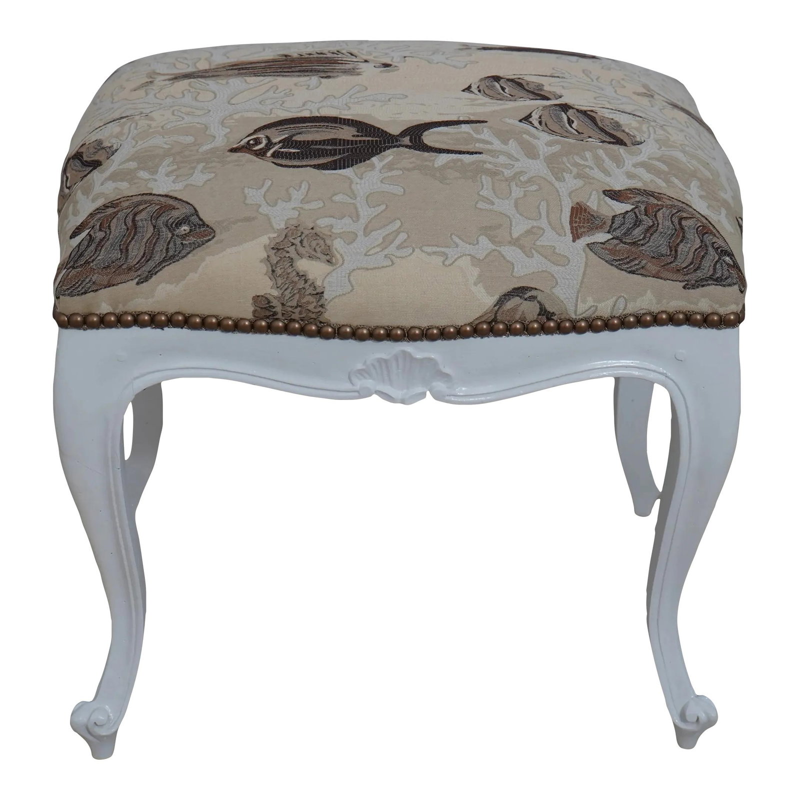Newly Upholstered French Ottoman with Fish Print (1 of 10)