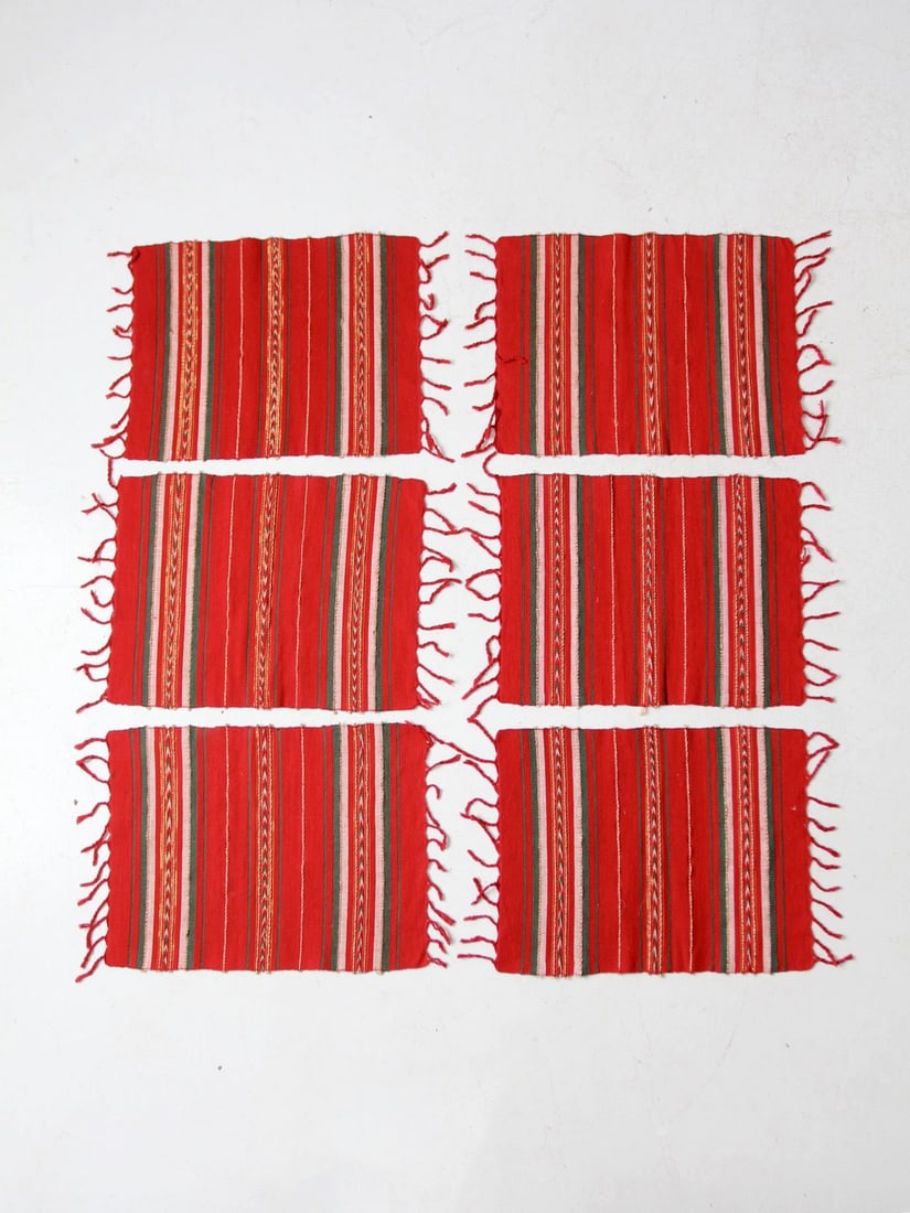 Vintage Handwoven Mexican Placemats Set of 6 Red Gold Green: Vintage Handwoven Mexican Placemats Set of 6 Red Gold Green Enhance your dining experience with this set of six vintage handwoven placemats from Mexico. Crafted with vibrant red textiles, each placema