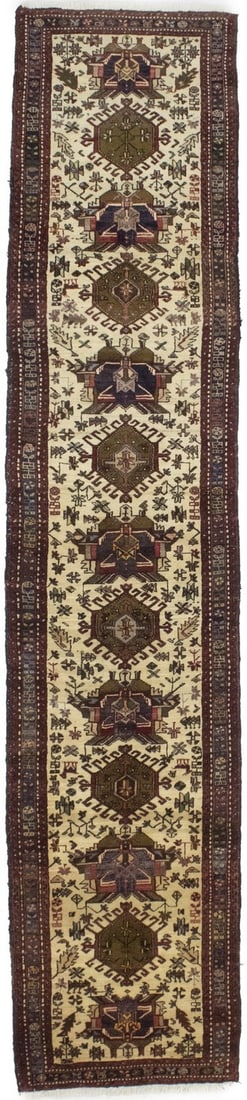 Hand Knotted Wool Geometric Runner Rug 2'8 x 13'0 Vintage Tribal: Hand Knotted Wool Geometric Runner Rug 2'8 x 13'0 Vintage Tribal This handmade Oriental runner rug features a geometric design in a rich palette of beige, cream, navy blue, red, green, tan, khaki, and