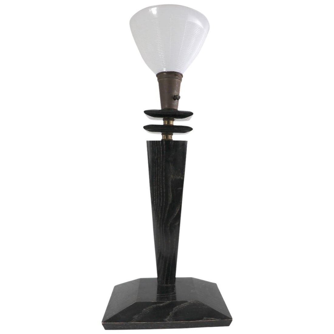 Midcentury Cerused Oak Table Lamp Inspired by Heifetz: Midcentury Cerused Oak Table Lamp Inspired by Heifetz This stylish midcentury table lamp showcases a distinctive design influenced by Heifetz and Mont. Crafted from cerused oak, it features a sleek bl