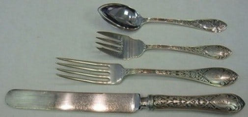 Watson Orleans Sterling Silver 4-Pc Dinner Place Setting with Monograms: Watson Orleans Sterling Silver 4-Pc Dinner Place Setting with Monograms Introducing a stunning 4-piece dinner size place setting from the Orleans pattern by Watson, crafted in exquisite sterling silve
