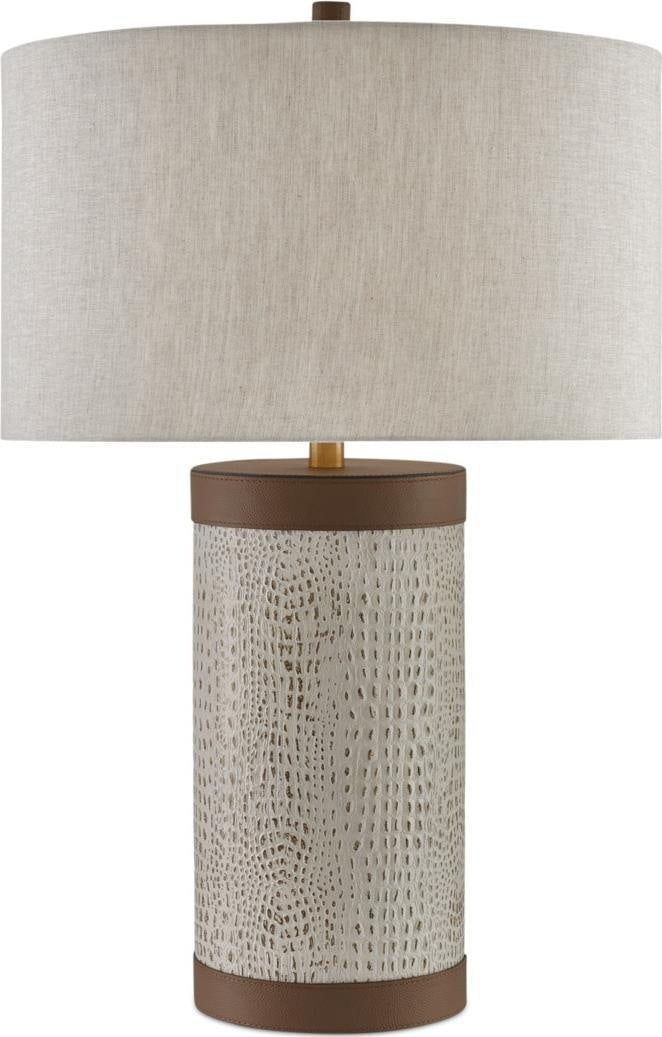 Currey Elegant Crocodile Embossed Leather Table Lamp 29.5H 19W 19D: Currey Elegant Crocodile Embossed Leather Table Lamp 29.5H 19W 19D Illuminate your space with this Elegant Crocodile Embossed Leather Lamp. Featuring a striking design, this lamp combines a beautiful 