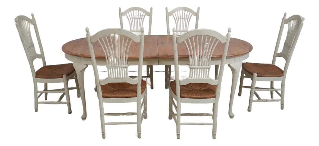 Habersham off white wood dining set table 2 leaves rush seat chairs (1 of 10)