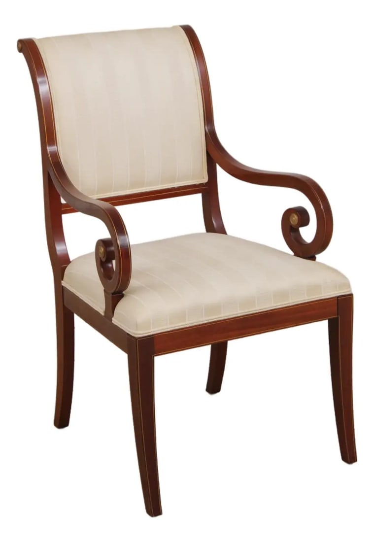 Kindel mahogany armchair with sleigh back scroll arms 22.5w x 26d x 38h: Kindel mahogany armchair with sleigh back scroll arms 22.5w x 26d x 38h Traditional sleigh back arm chair crafted in mahogany with a Kent finish, scroll arms, and inlay work throughout. This pre-owned