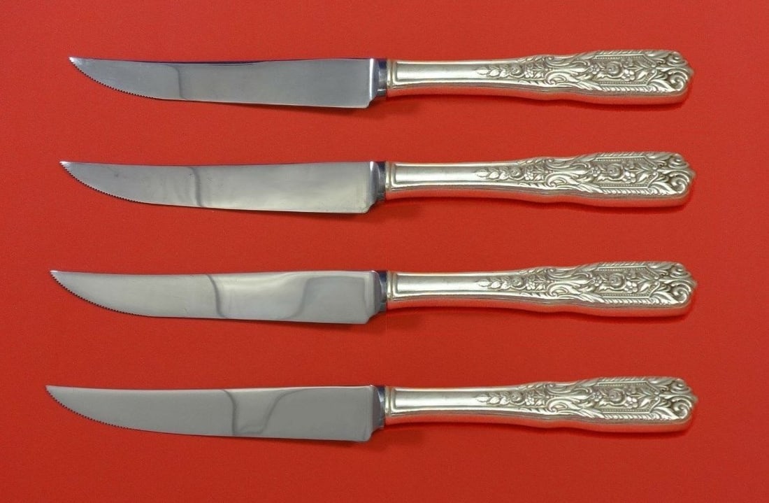 Westmorland Milburn Rose Sterling Silver Steak Knife Set 4pc Custom 8 3/4": Westmorland Milburn Rose Sterling Silver Steak Knife Set 4pc Custom 8 3/4" This exquisite 4-piece steak knife set features the elegant Milburn Rose pattern by Westmorland. Crafted with a sterling silv