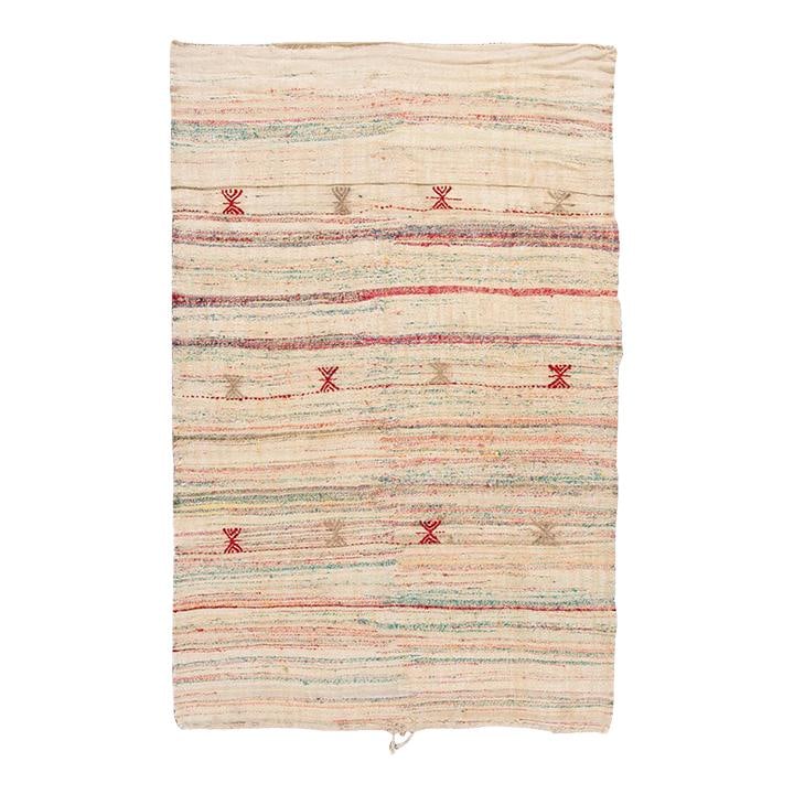 Vintage Kilim Handmade Wool Rug Beige with Teal Red Geometric Accents 6'6 x 10'6: Vintage Kilim Handmade Wool Rug Beige with Teal Red Geometric Accents 6'6 x 10'6 Discover the exquisite charm of this vintage Kilim hand-knotted wool rug, featuring a serene beige field adorned with s