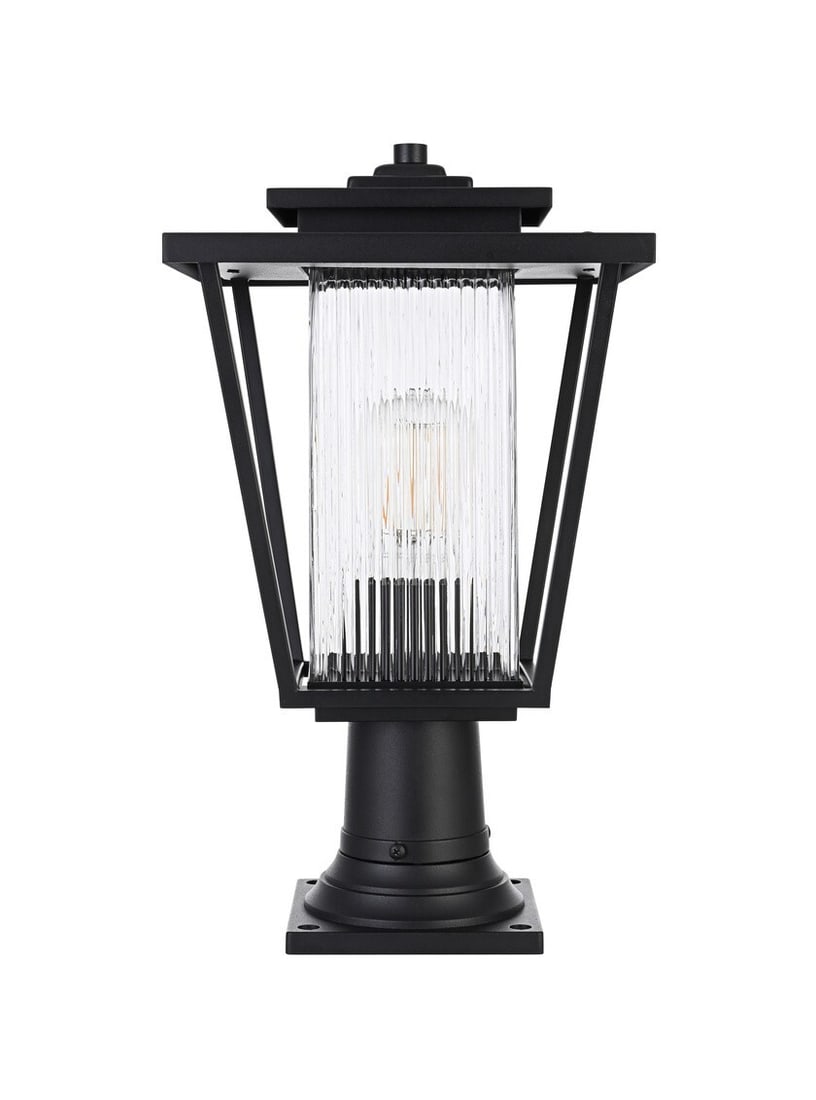 York outdoor post light with ribbed glass black iron 17.5 in: York outdoor post light with ribbed glass black iron 17.5 in Traditional outdoor pole light fixture with a black finish, made of iron and glass with reeded/ribbed clear glass. It is hardwired, wall mo