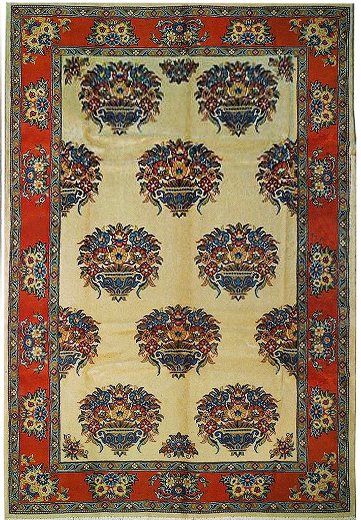 7' x 10' Persian Botteh Sarouk Area Rug: 7' x 10' Persian Botteh Sarouk Area Rug Free continental US Shipping Un-used Persian Botteh Sarouk area rug with an unusual floral design featuring multiple flower-filled vases and a contrasting borde