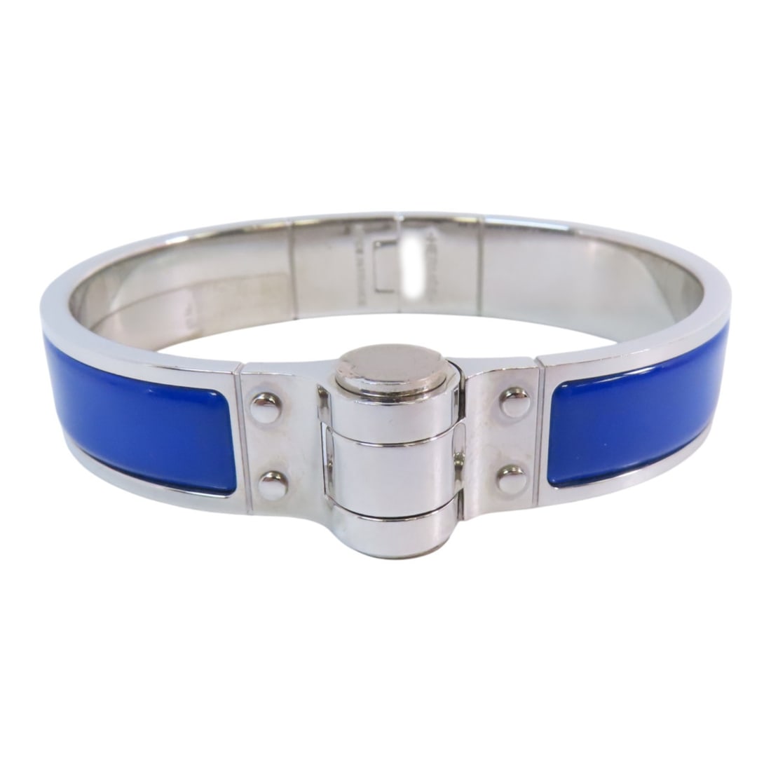 HERMES Chamiere Blue Enamel Bracelet Silver Tone Metal: HERMES Chamiere Blue Enamel Bracelet Silver Tone Metal Hermes PHW Enamel Chamiere bracelet bangle in blue and silver tone color, made with metal and enamel. It is a women's regular-size bracelet from 