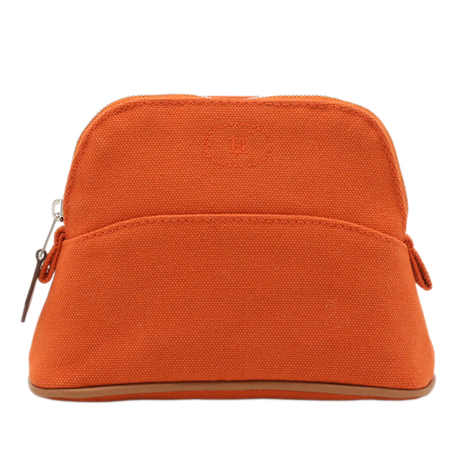 Hermes Bolide Mini Pouch in Orange Canvas and Leather: Hermes Bolide Mini Pouch in Orange Canvas and Leather Hermes Mini Bolide pouch in orange canvas with leather trim and a top zip closure. Made in France, this small leather goods piece shows visible we