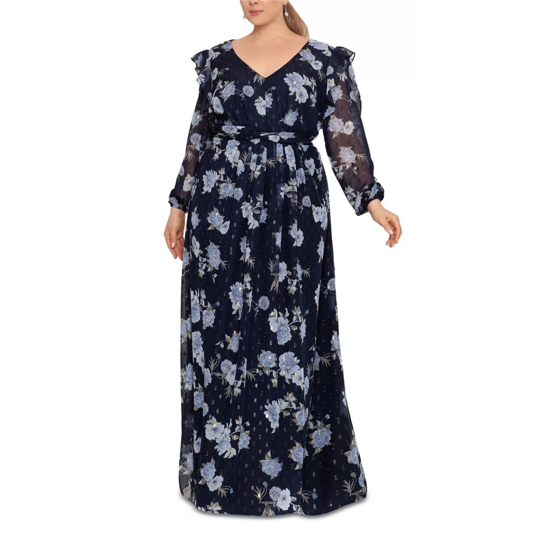 Betsy & Adam Floral Chiffon Plus Size Gown 16W Navy: Betsy & Adam Floral Chiffon Plus Size Gown 16W Navy Elevate your formal style with this stunning plus size floral chiffon gown by Betsy & Adam. Crafted from smooth and sheer chiffon, this ball gown fe