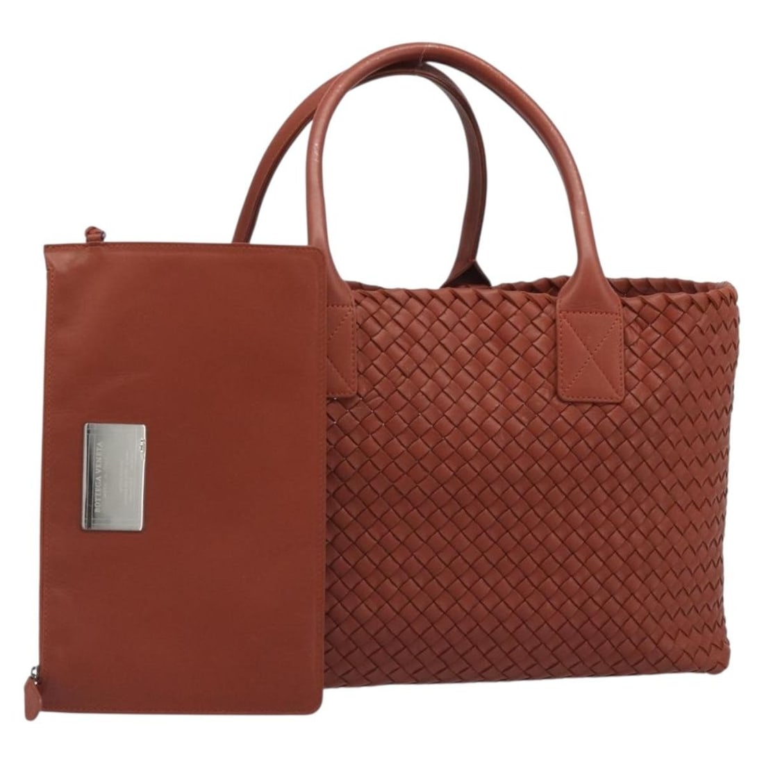 Bottega Veneta Intrecciato Cabas MM Brown Leather Tote with Dust Bag Pouch: Bottega Veneta Intrecciato Cabas MM Brown Leather Tote with Dust Bag Pouch A Bottega Veneta Intrecciato Cabas MM tote bag in brown leather, made in Italy. It comes with a dust bag and pouch. The bag i