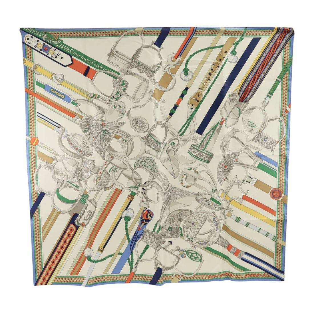 Hermes 90x90 Silk Scarf Light Gray Multicolor France: Hermes 90x90 Silk Scarf Light Gray Multicolor France Hermes 90x90 scarf in light grey and multicolor silk. The item is for women and comes with a storage box. Condition is AB: Very Good. Made in Franc