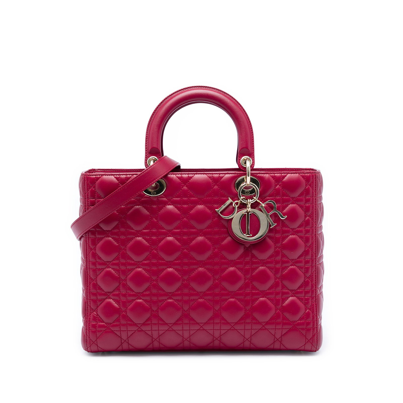 Dior Lady Dior Large Pink Lambskin Cannage Handbag: Dior Lady Dior Large Pink Lambskin Cannage Handbag Large Lady Dior bag in pink quilted lambskin leather with Cannage pattern. It features flat leather top handles, a detachable flat strap, a top zip c