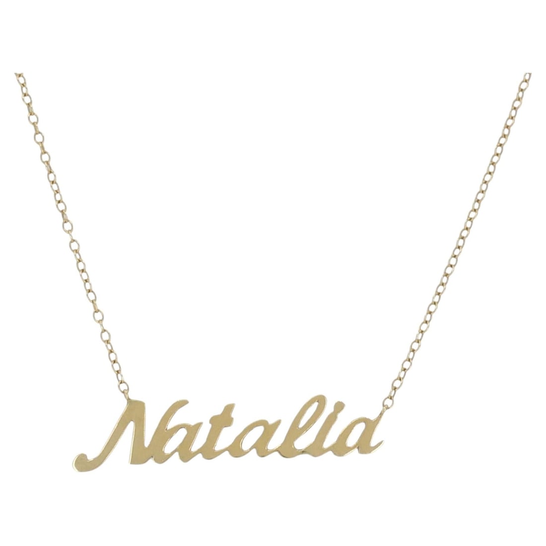 14k Yellow Gold Cursive Natalia Nameplate Necklace: 14k Yellow Gold Cursive Natalia Nameplate Necklace This 14k yellow gold pendant necklace features the name Natalia in cursive script. It has an adjustable length and a clasp stamped 14k. The piece is 