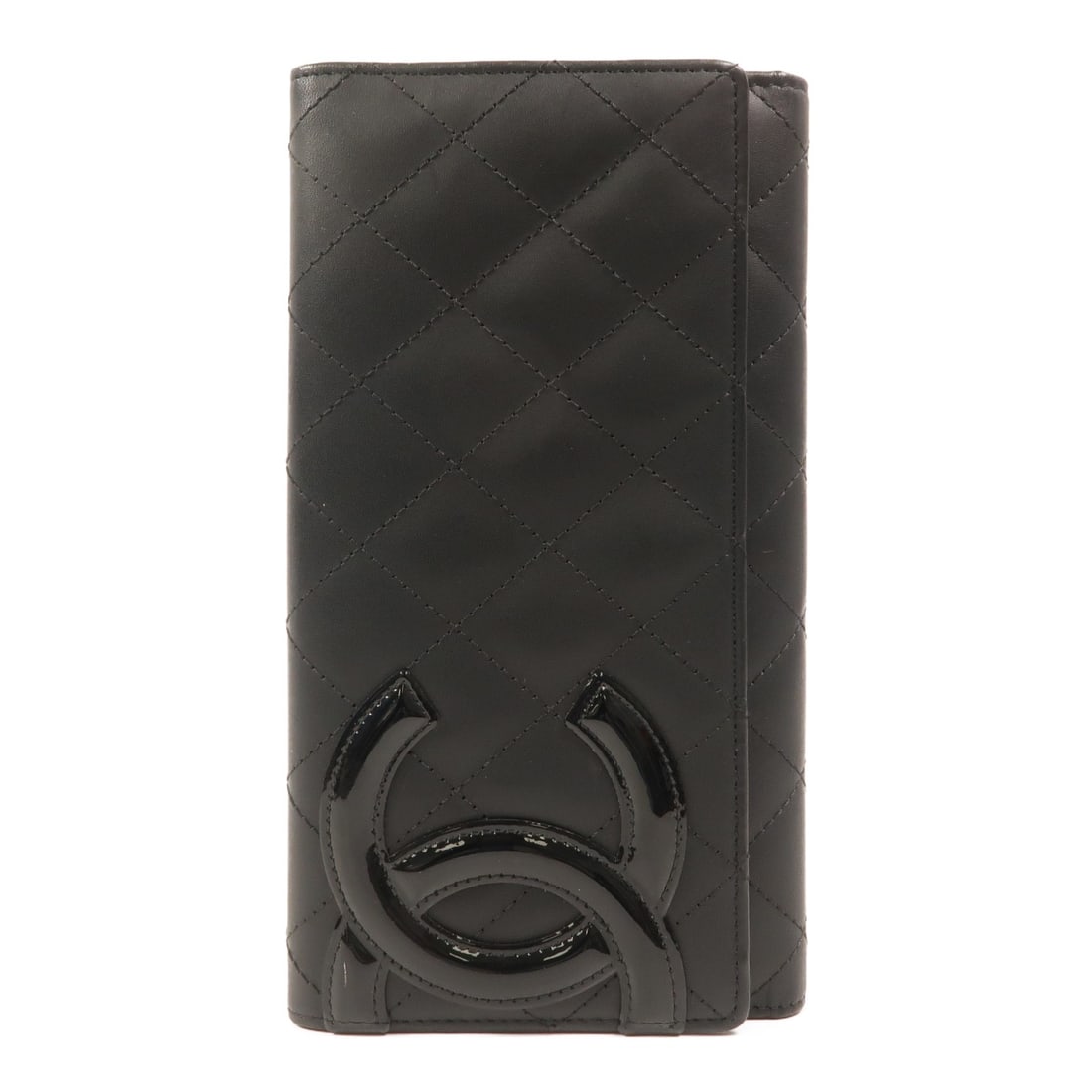 CHANEL Cambon bifold long wallet black calfskin CC SHW: CHANEL Cambon bifold long wallet black calfskin CC SHW Chanel Cambon long wallet in black calfskin leather with CC detailing and silver-tone hardware. This bifold purse features a hook button closure 