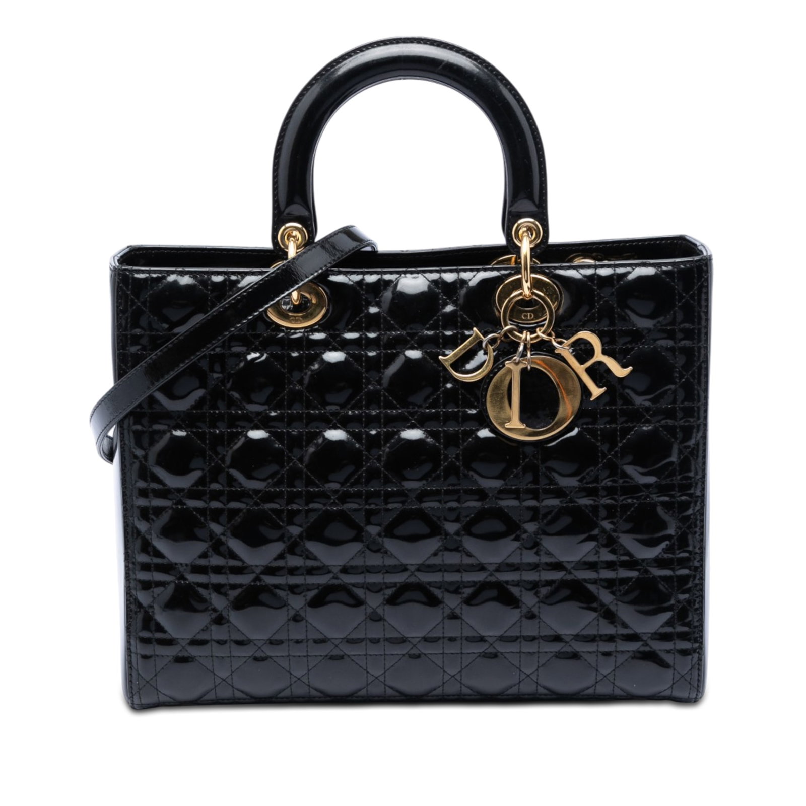 Dior Large Patent Cannage Lady Bag Black Leather: Dior Large Patent Cannage Lady Bag Black Leather This Lady Dior handbag features a quilted patent leather body in black, complemented by flat leather top handles and a detachable flat strap. It is des