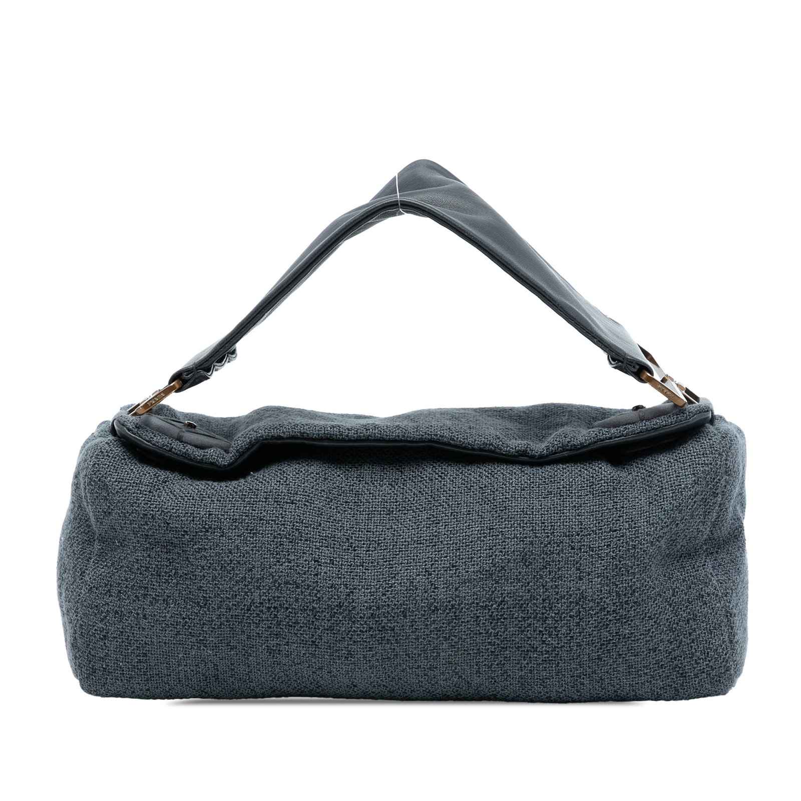 Prada Gray Tweed Flap Shoulder Bag with Leather Strap: Prada Gray Tweed Flap Shoulder Bag with Leather Strap This Prada shoulder bag features a gray tweed fabric body, a flat leather strap, a top flap with snap closures, a zip closure, and an interior zip