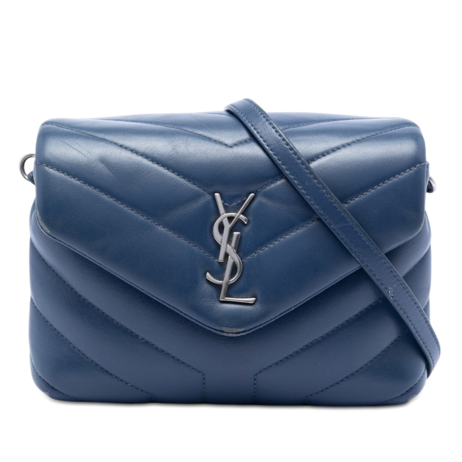 Saint Laurent LouLou Toy Matelasse Blue Crossbody Bag: Saint Laurent LouLou Toy Matelasse Blue Crossbody Bag This Saint Laurent Toy Matelasse Calfskin Monogram LouLou Crossbody bag features a quilted leather body in blue, a detachable flat leather shoulde