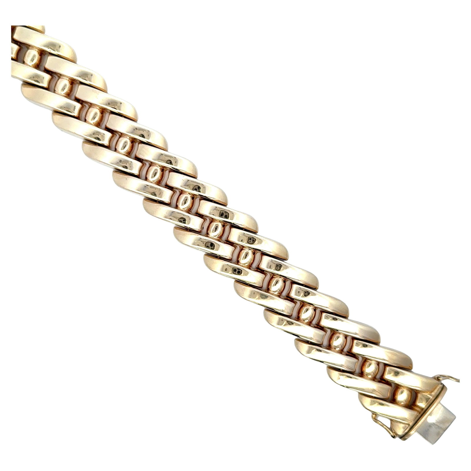 Italian 14K Yellow Gold Wide Link Bracelet 42.7g Vintage 1990s Jewelry: Italian 14K Yellow Gold Wide Link Bracelet 42.7g Vintage 1990s Jewelry This vintage bracelet is crafted from solid 14K yellow gold and features wide interlocking links that create a bold and luxurious