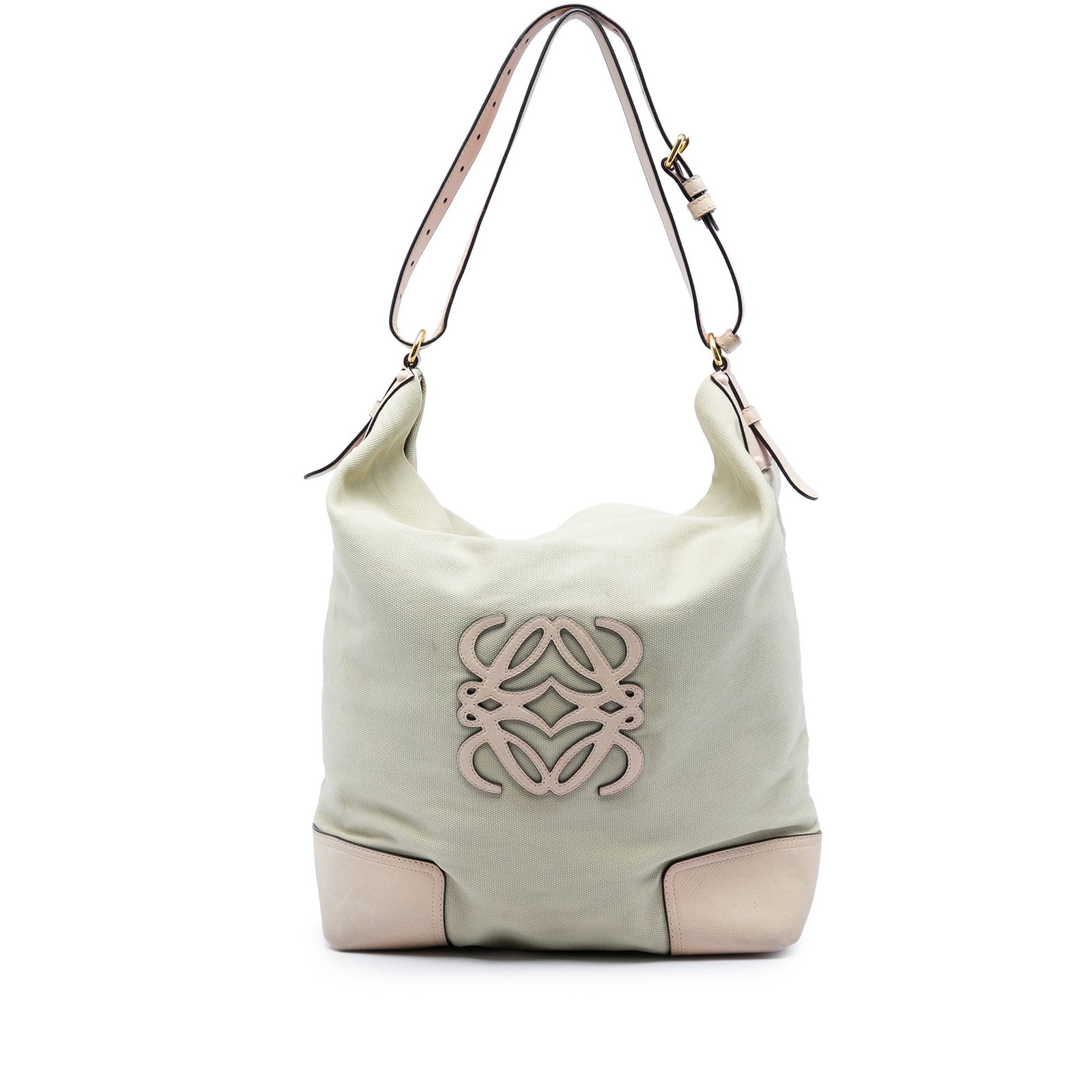 LOEWE Anagram Canvas Shoulder Bag with Leather Trim Brown: LOEWE Anagram Canvas Shoulder Bag with Leather Trim Brown LOEWE Canvas Anagram Shoulder Bag with a canvas body and leather trim. It features an adjustable flat leather shoulder strap, a top zip closur