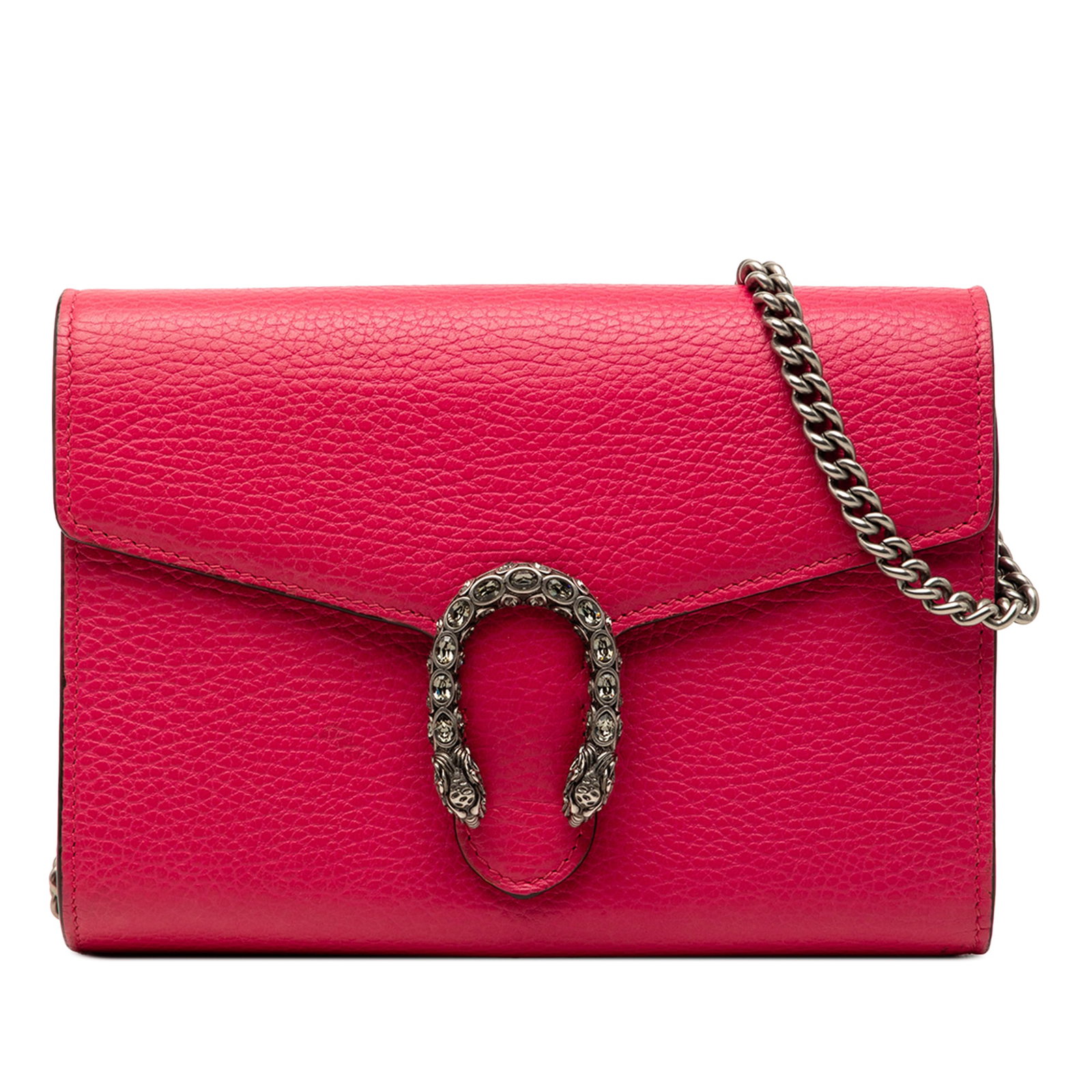 Gucci Dionysus Pink Leather Wallet on Chain: Gucci Dionysus Pink Leather Wallet on Chain This Gucci Calfskin Dionysus Wallet on Chain features a pink leather body with a chain link shoulder strap and a front flap secured by a snap button closure