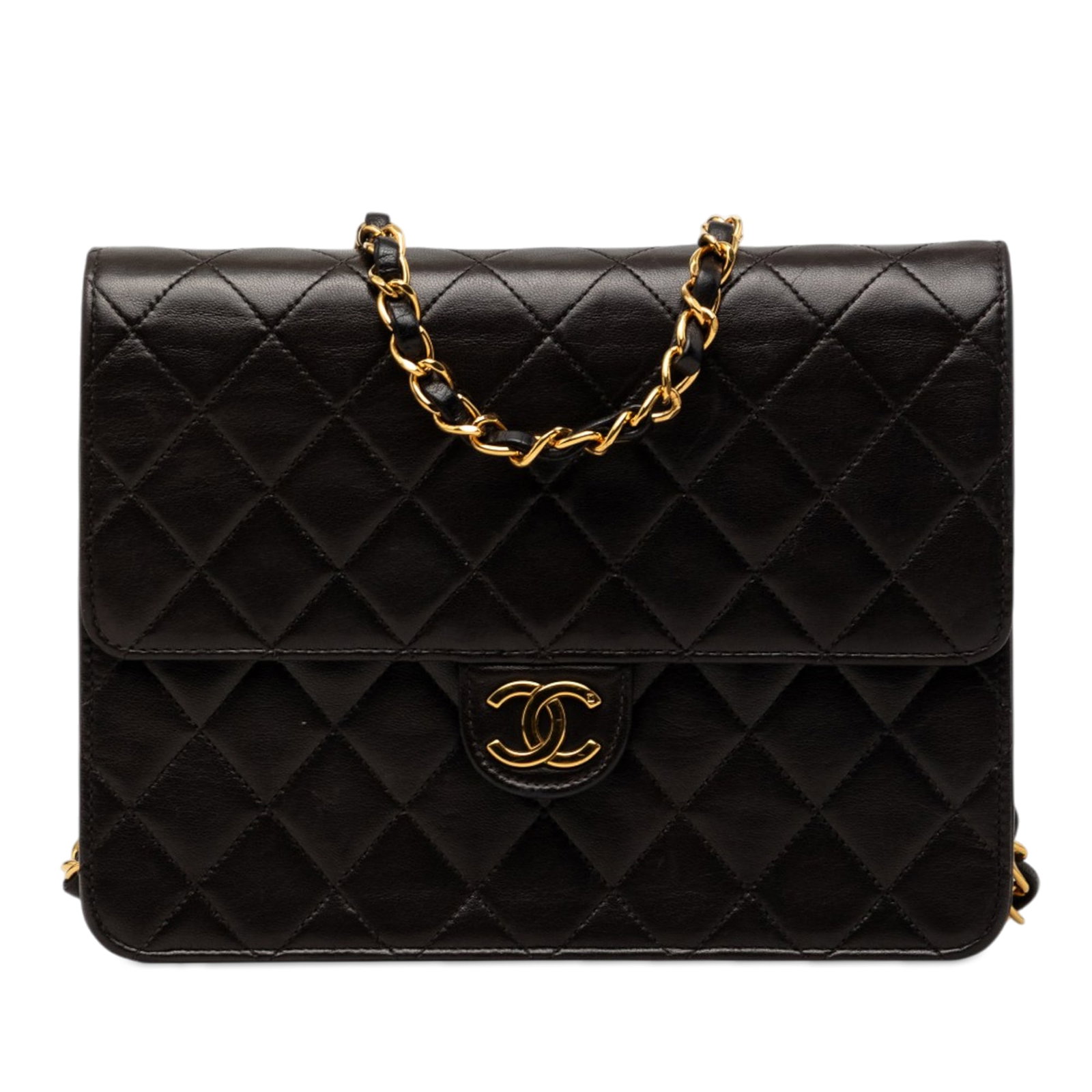 Chanel Small CC Single Flap Quilted Lambskin Crossbody Bag: Chanel Small CC Single Flap Quilted Lambskin Crossbody Bag Chanel Small CC Quilted Lambskin Single Flap crossbody bag in black quilted lambskin leather. This bag features a leather-woven chain strap, 