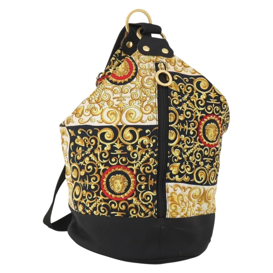 Versace multicolor gold canvas shoulder bag Italy: Versace multicolor gold canvas shoulder bag Italy This VERSACE shoulder bag is crafted from durable canvas in a striking multicolor and gold design. Made in Italy, it features a spacious interior and 