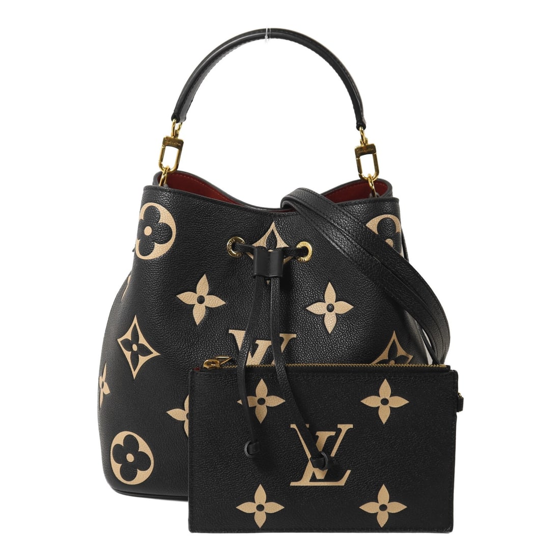 Louis Vuitton Neo Noe MM M45497 Monogram Empreinte 2 Way Bag: Louis Vuitton Neo Noe MM M45497 Monogram Empreinte 2 Way Bag Louis Vuitton Neo Noe MM 2-way shoulder bag in Monogram Empreinte calfskin. This women's bag features a black and beige color combination a