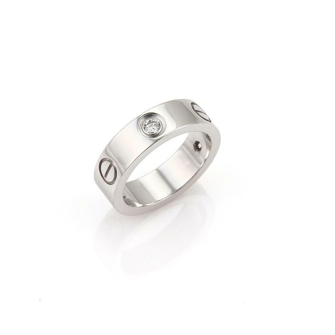 Cartier LOVE 3 Diamond 18k White Gold Band Ring Size EU 46-US 3.75 with Certificate: Cartier LOVE 3 Diamond 18k White Gold Band Ring Size EU 46-US 3.75 with Certificate This exquisite band ring from Cartier is crafted from 18k white gold and features a fine polished finish. The ring s