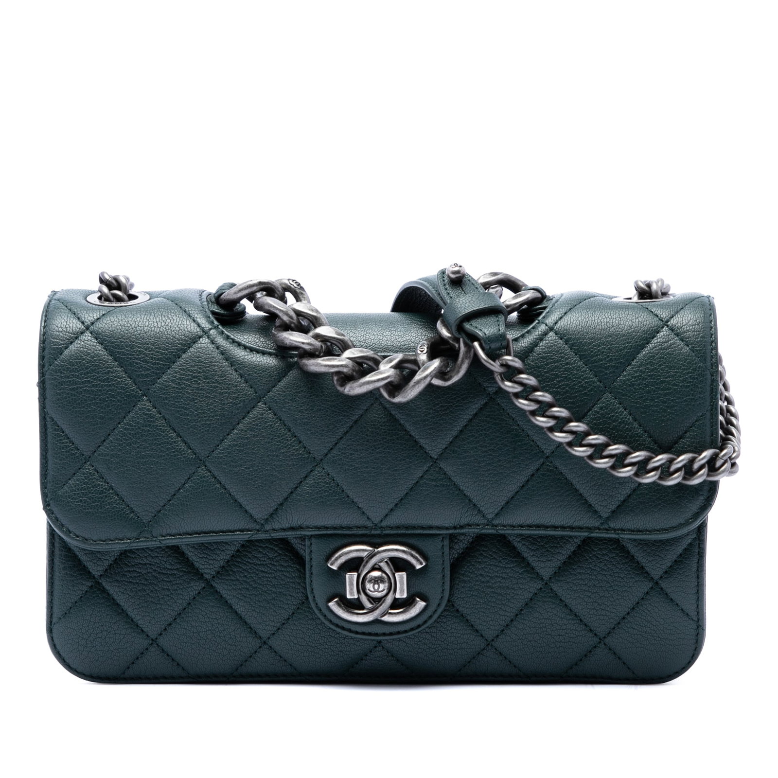 Chanel Perfect Edge Flap Medium Goatskin Quilted Shoulder Bag: Chanel Perfect Edge Flap Medium Goatskin Quilted Shoulder Bag Medium Chanel Perfect Edge Flap satchel in green quilted goatskin leather. This bag features a chain top handle, a chain link strap with a