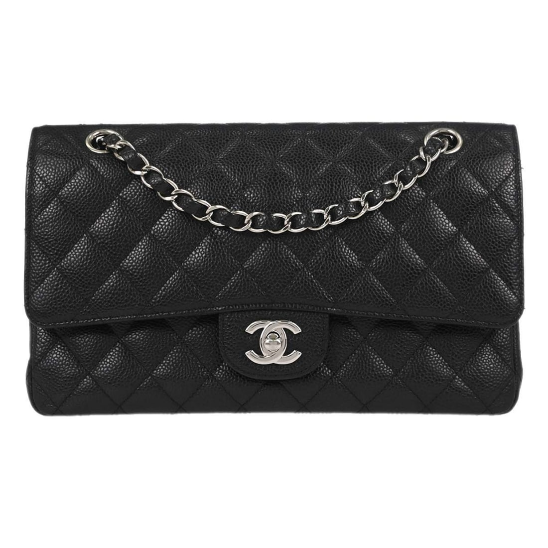 CHANEL Classic Double Flap Medium Black Caviar Shoulder Bag: CHANEL Classic Double Flap Medium Black Caviar Shoulder Bag Medium Chanel Classic Double Flap shoulder bag in black caviar skin leather with matelasse quilting, a turnlock closure, leather lining, and