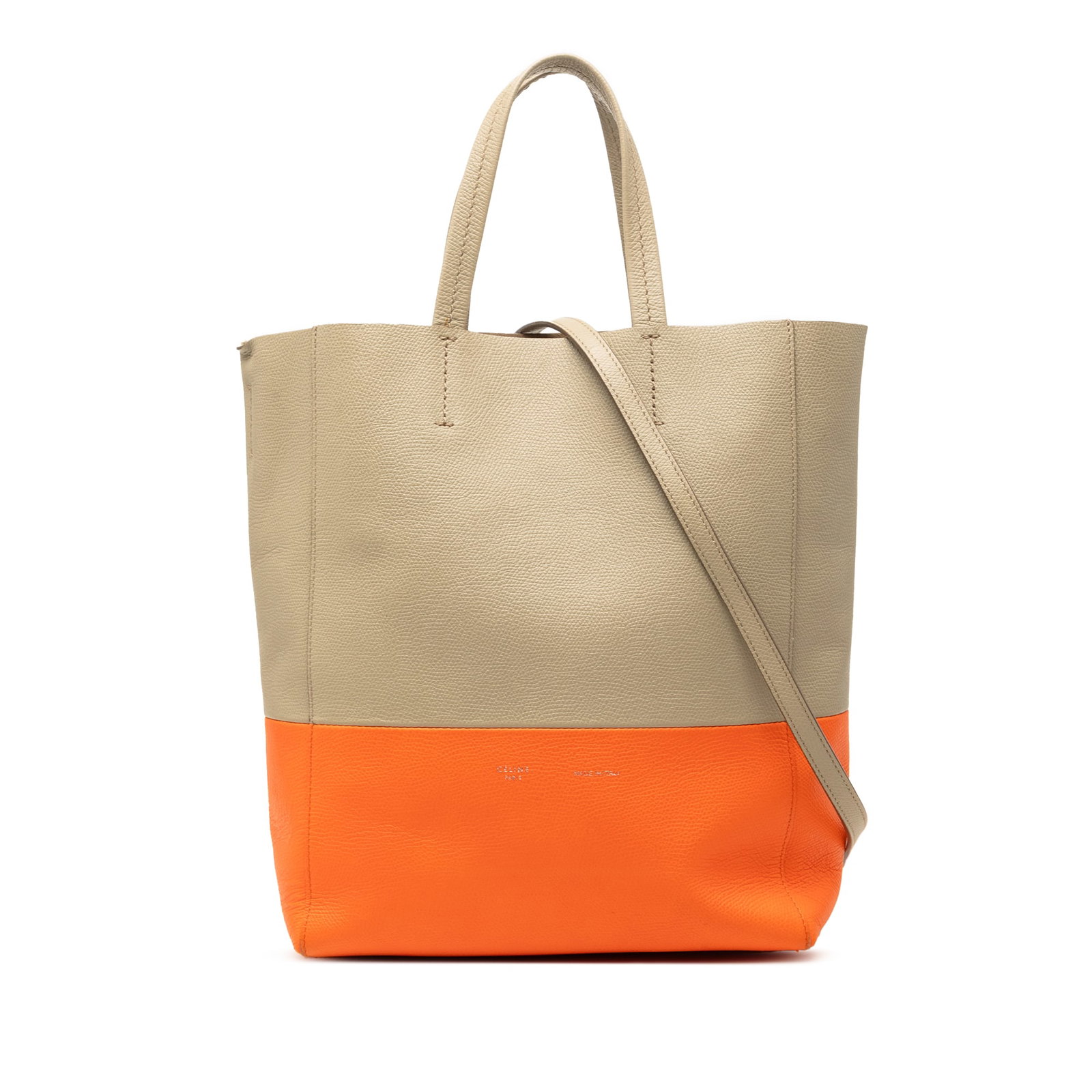 Celine bicolor leather vertical cabas satchel with strap: Celine bicolor leather vertical cabas satchel with strap This Celine Small Bicolor Leather Vertical Cabas is a sophisticated satchel crafted in leather with a stylish bicolor design. It features flat 