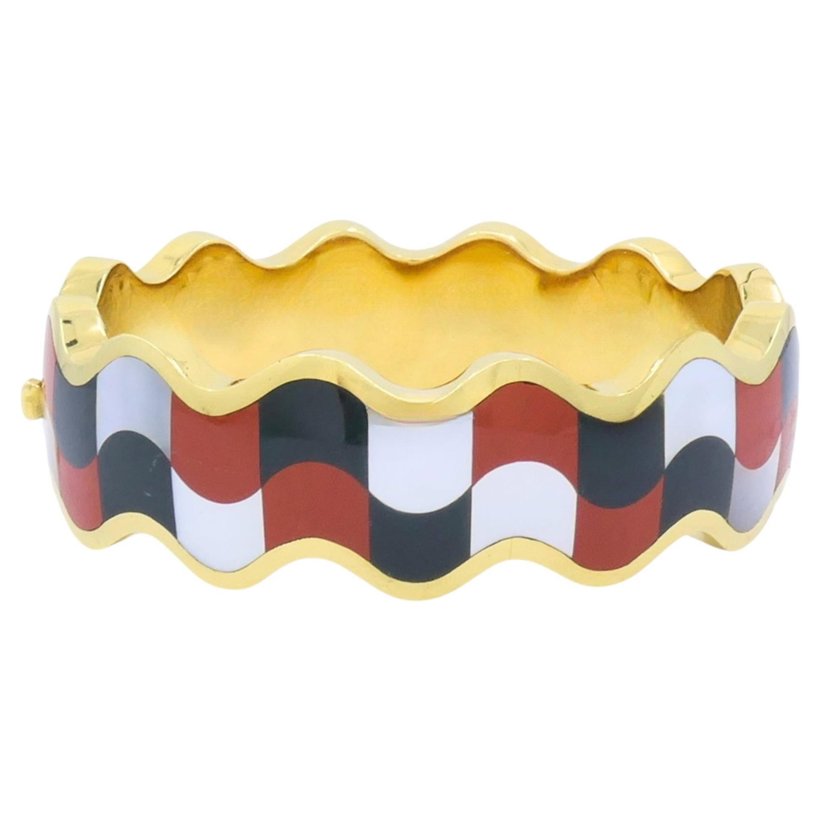 Tiffany Co Angela Cummings 18k Gold Cuff Bracelet with Onyx Carnelian: Tiffany Co Angela Cummings 18k Gold Cuff Bracelet with Onyx Carnelian Vintage Angela Cummings for Tiffany & Co. geometric cuff bracelet in 18k gold, featuring inlaid mother of pearl, onyx, and carneli