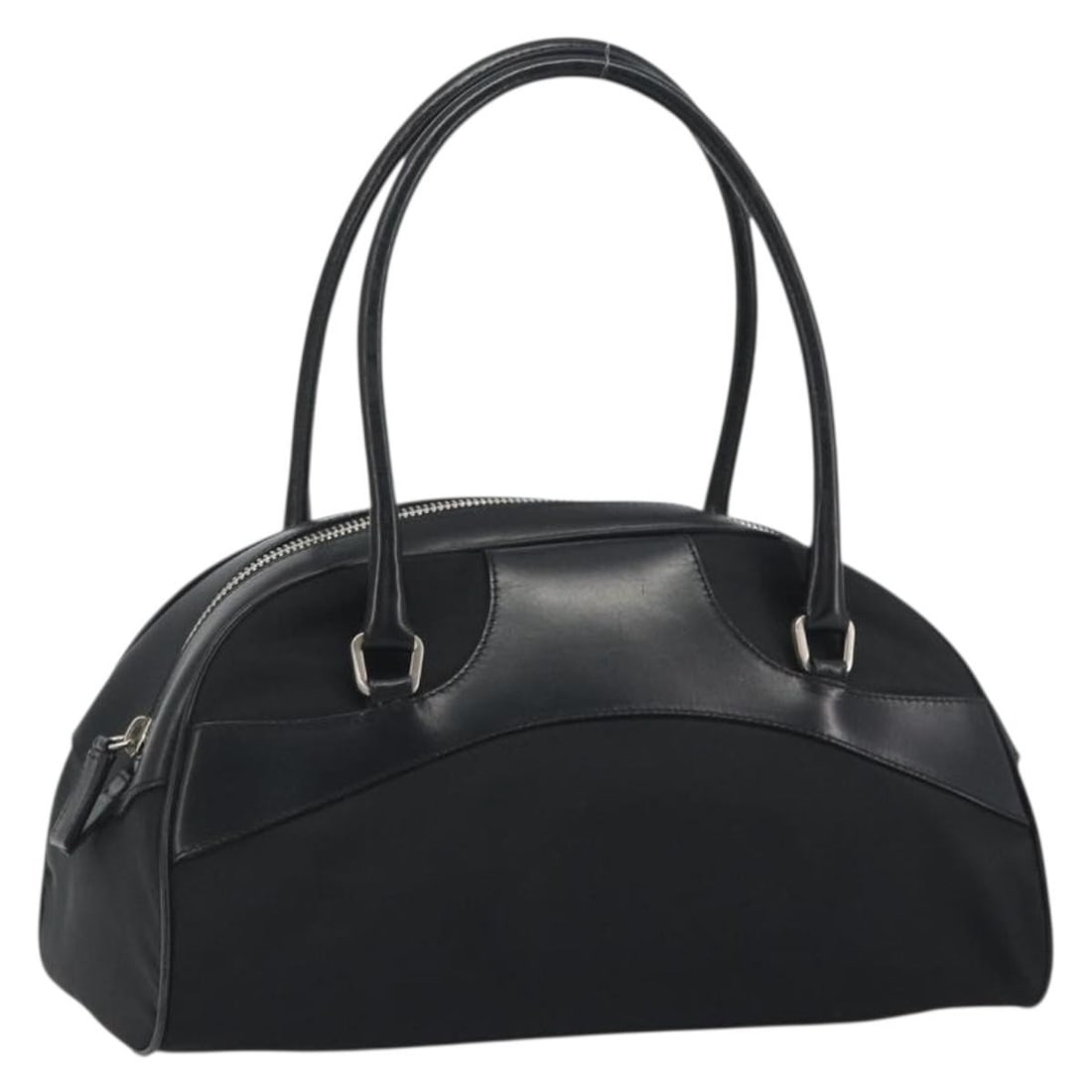 PRADA Black Nylon Hand Bag with Dust Bag Guarantee Card: PRADA Black Nylon Hand Bag with Dust Bag Guarantee Card Prada women's handbag in black nylon with leather trim and silver-tone accents. Made in Italy, this structured handbag includes a dust bag and g