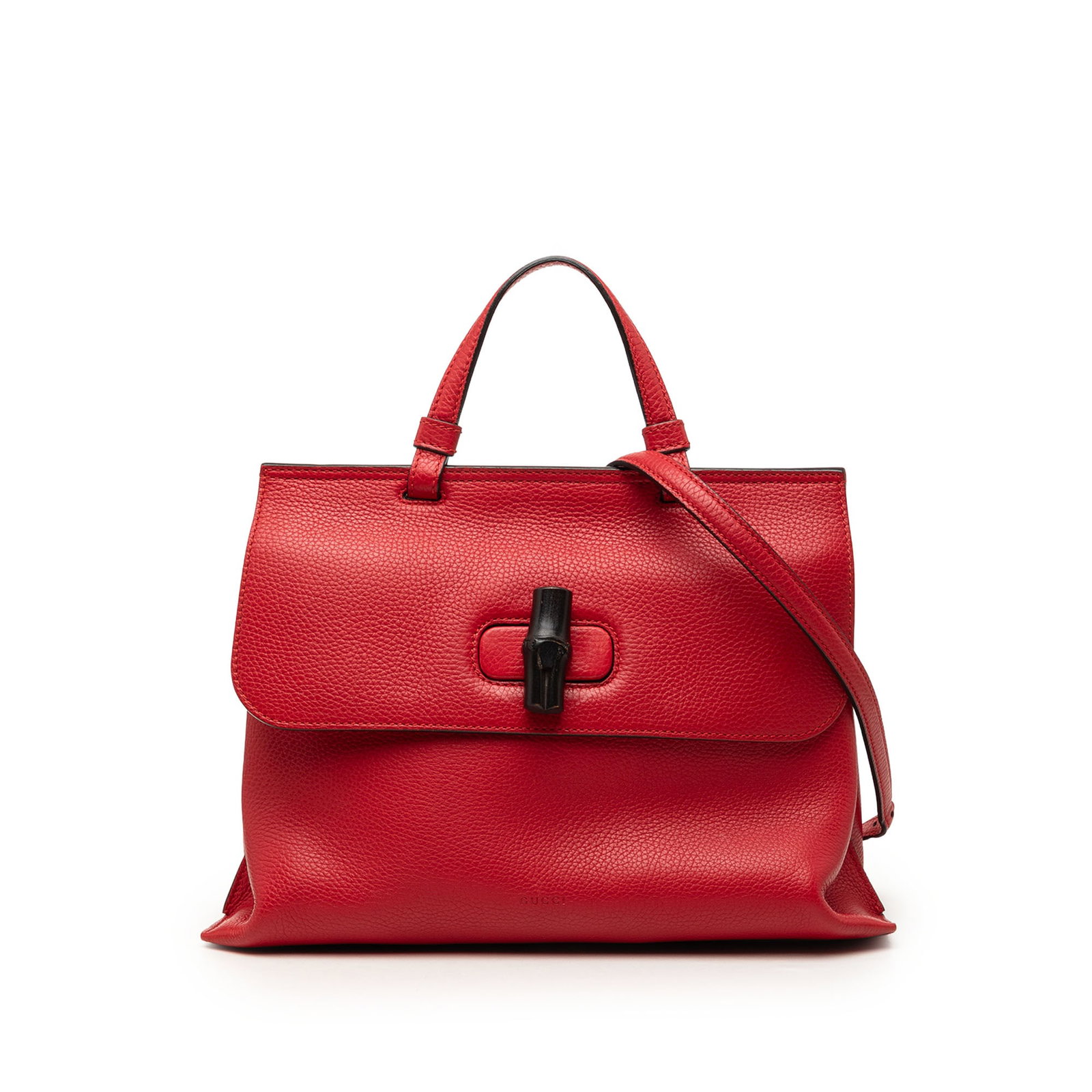 Gucci Bamboo Daily Medium Calfskin Leather Satchel Red: Gucci Bamboo Daily Medium Calfskin Leather Satchel Red Medium Gucci Bamboo Daily Satchel in red calfskin leather with a structured silhouette, top handle, and detachable shoulder strap. The bag featur