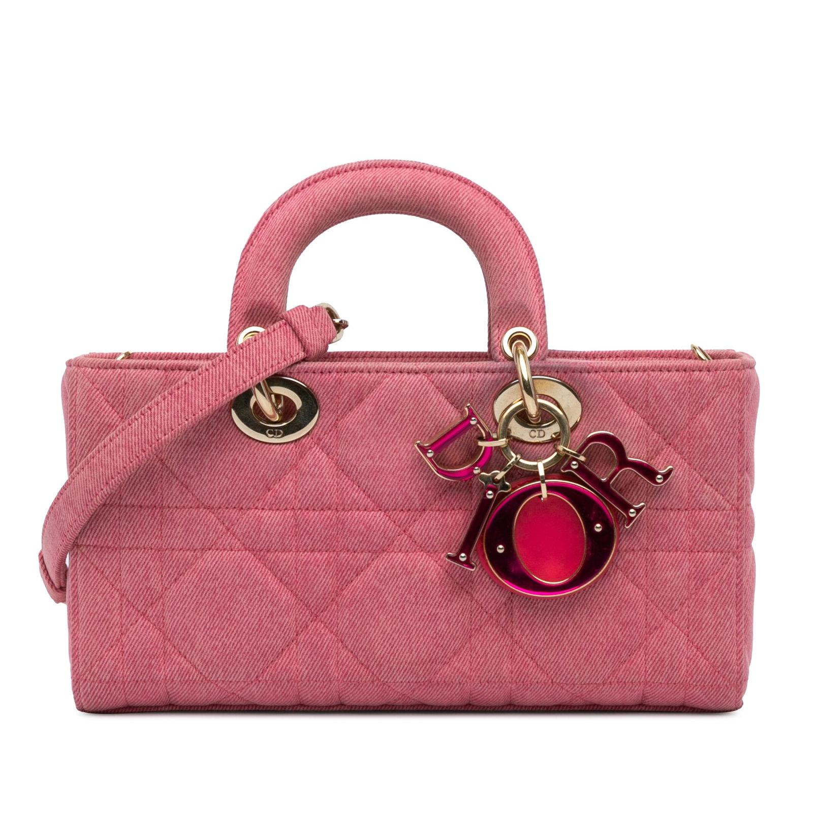 Dior Lady D Joy Medium Pink Quilted Denim Shoulder Bag Macrocannage: Dior Lady D Joy Medium Pink Quilted Denim Shoulder Bag Macrocannage This Dior Medium Denim Macrocannage Lady D Joy bag features a quilted denim body in pink, with flat denim top handles and a detachab