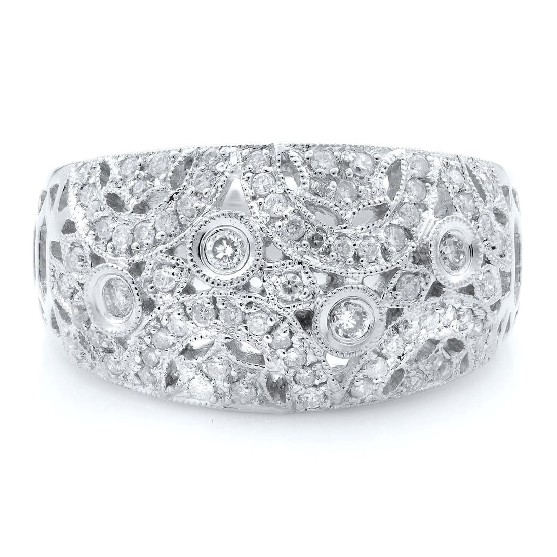 Rachel Koen 14K White Gold Diamond Dome Cocktail Ring 0.75ct Size 9: Rachel Koen 14K White Gold Diamond Dome Cocktail Ring 0.75ct Size 9 This stunning Rachel Koen ladies dome ring is a perfect blend of elegance and modern style. Crafted from 14K white gold, this cockta