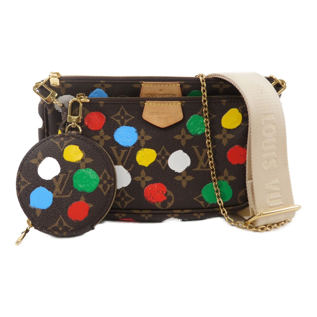 Louis Vuitton M46385 Multi Pochette Monogram 2 Way Shoulder Bag: Louis Vuitton M46385 Multi Pochette Monogram 2 Way Shoulder Bag Louis Vuitton LV x YK Multi Pochette 2-way shoulder bag in Monogram PVC coated canvas with a multicolor finish. This women's bag feature