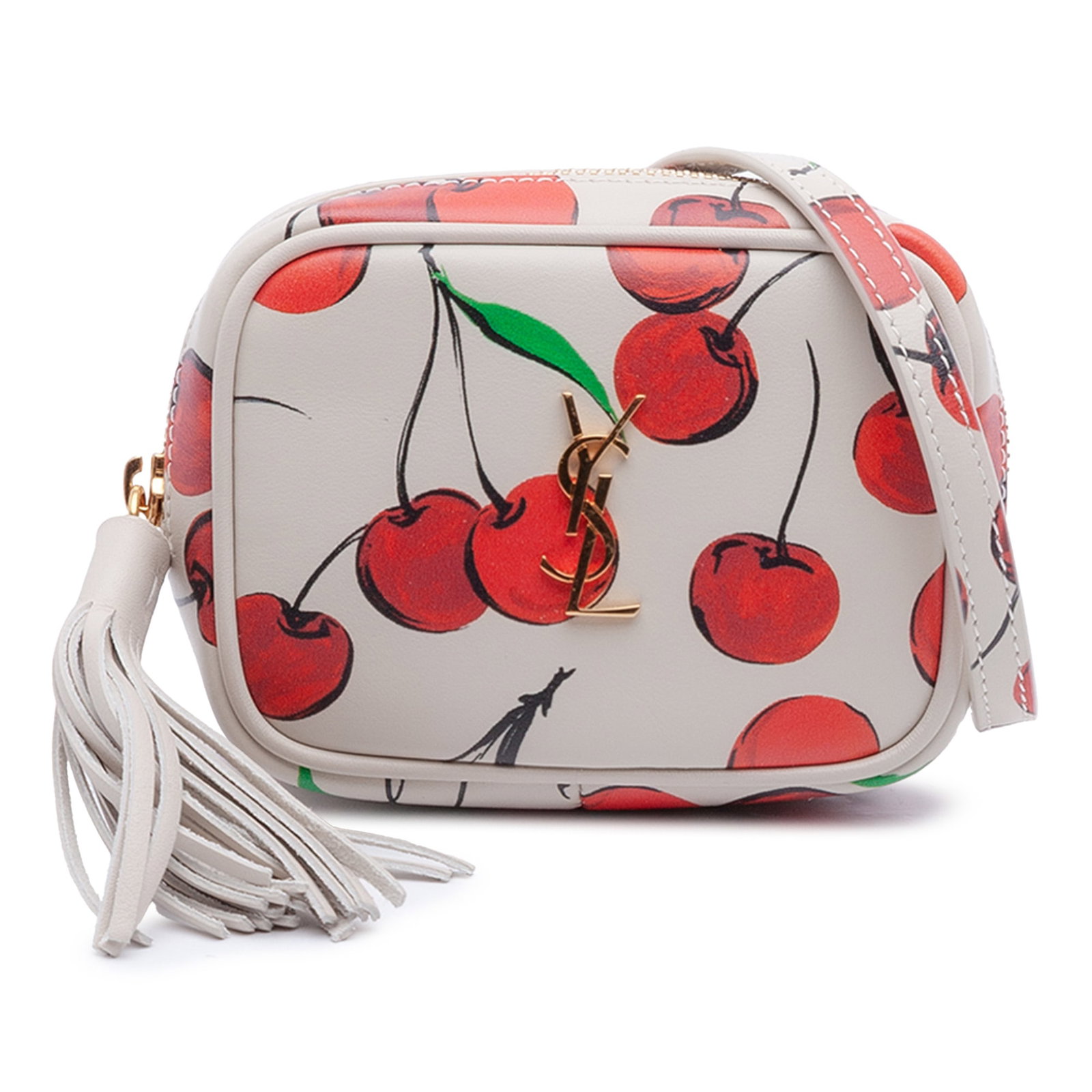 Saint Laurent Lou Crossbody Bag Cherry Print Leather Monogram: Saint Laurent Lou Crossbody Bag Cherry Print Leather Monogram This Saint Laurent Baby Calfskin Monogram Cherry Printed Lou Camera Bag features a white printed leather exterior, a combination chain lin