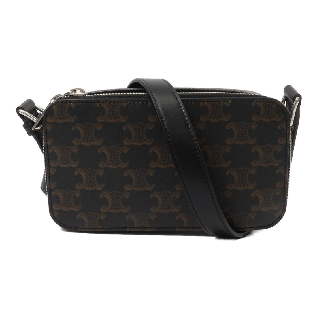 CELINE black coated canvas shoulder bag with silver tone hardware: CELINE black coated canvas shoulder bag with silver tone hardware Celine shoulder bag in black PVC coated canvas with silver-tone hardware. This women's bag features a compact silhouette with card poc