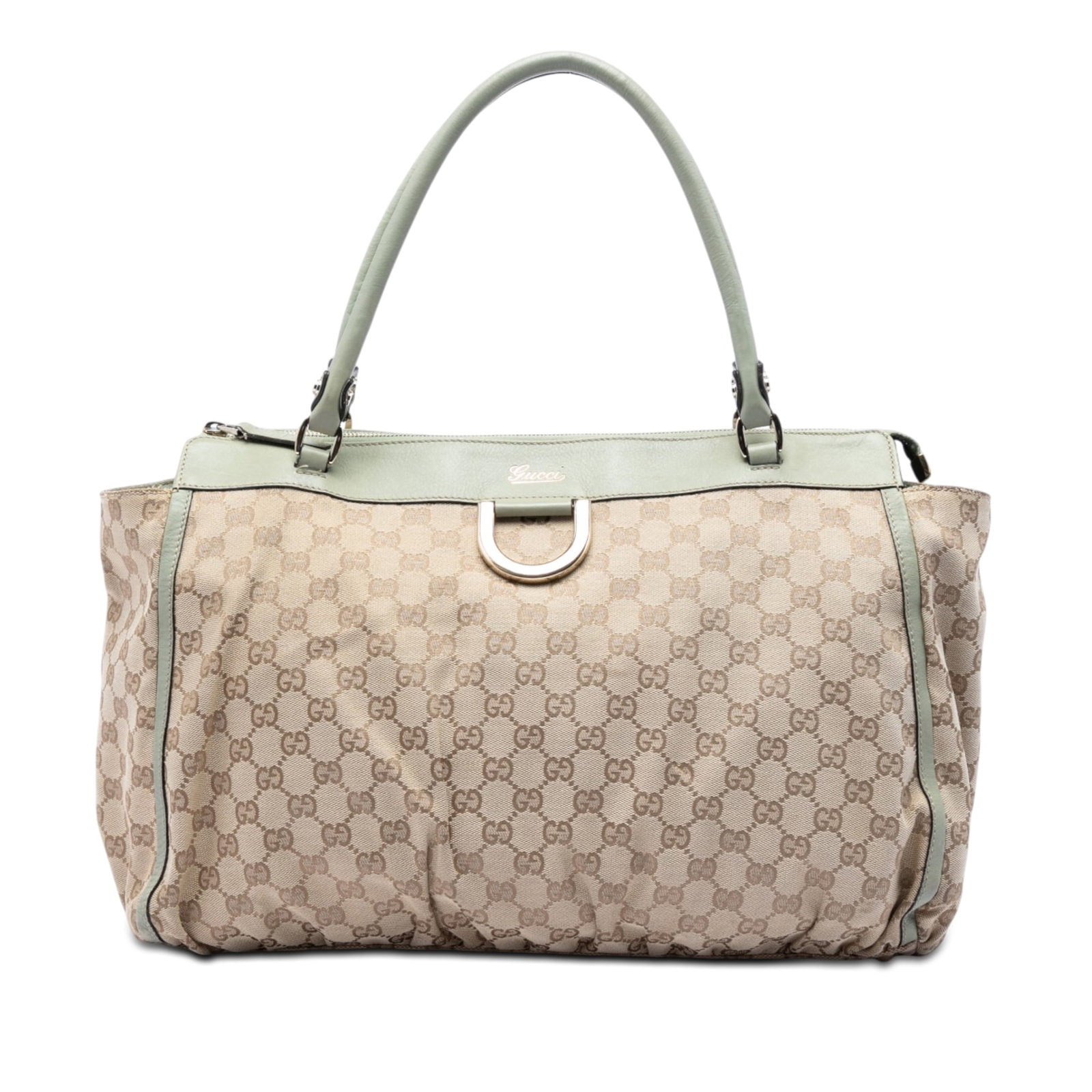 Gucci Abbey D Ring Tote in Beige GG Canvas: Gucci Abbey D Ring Tote in Beige GG Canvas Gucci GG Canvas Abbey D Ring tote bag with a canvas body, leather trim, rolled leather straps, and a top zip closure. The interior includes zip and slip pock