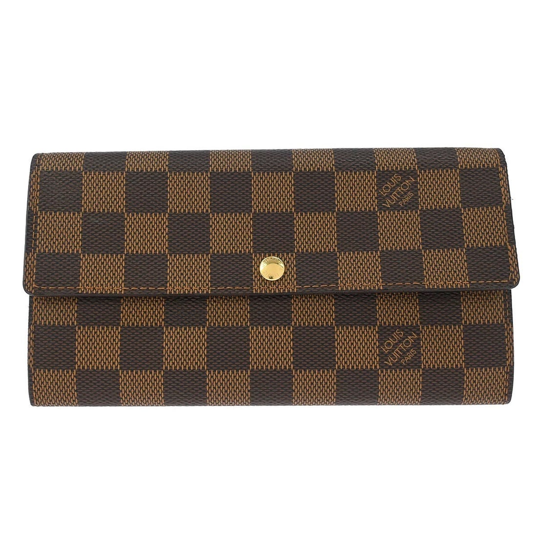 Louis Vuitton Portefeuille Sarah Damier Canvas Folding Wallet Brown: Louis Vuitton Portefeuille Sarah Damier Canvas Folding Wallet Brown Vintage Louis Vuitton Portefeuille Sarah wallet in Damier Ebene brown canvas with a folding design and logo accent. The exterior is 