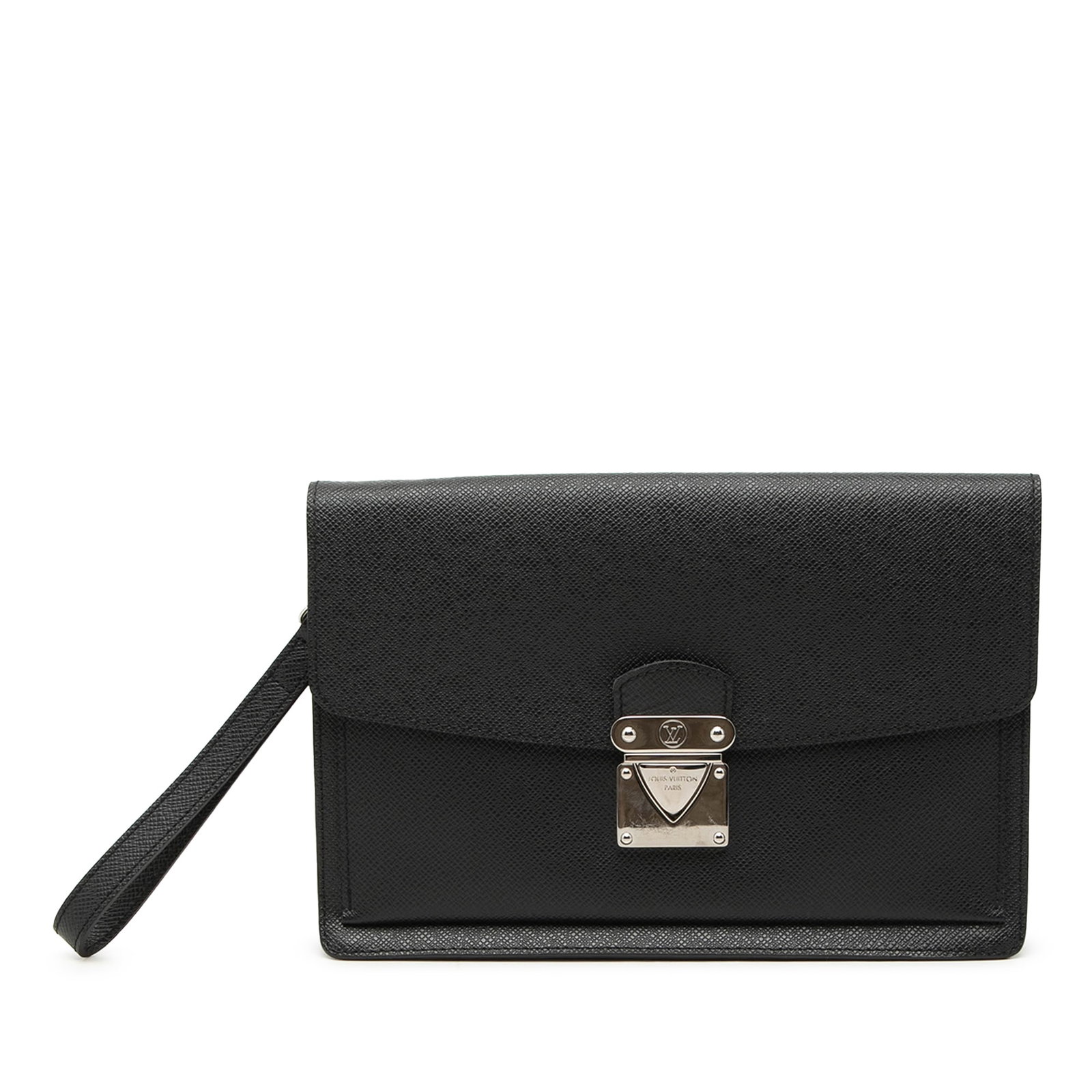 Louis Vuitton Taiga Belaia Leather Wristlet Clutch Black: Louis Vuitton Taiga Belaia Leather Wristlet Clutch Black Louis Vuitton Taiga Belaia clutch crafted in black taiga leather with a flat leather wrist strap, front flap with push lock closure, and an int