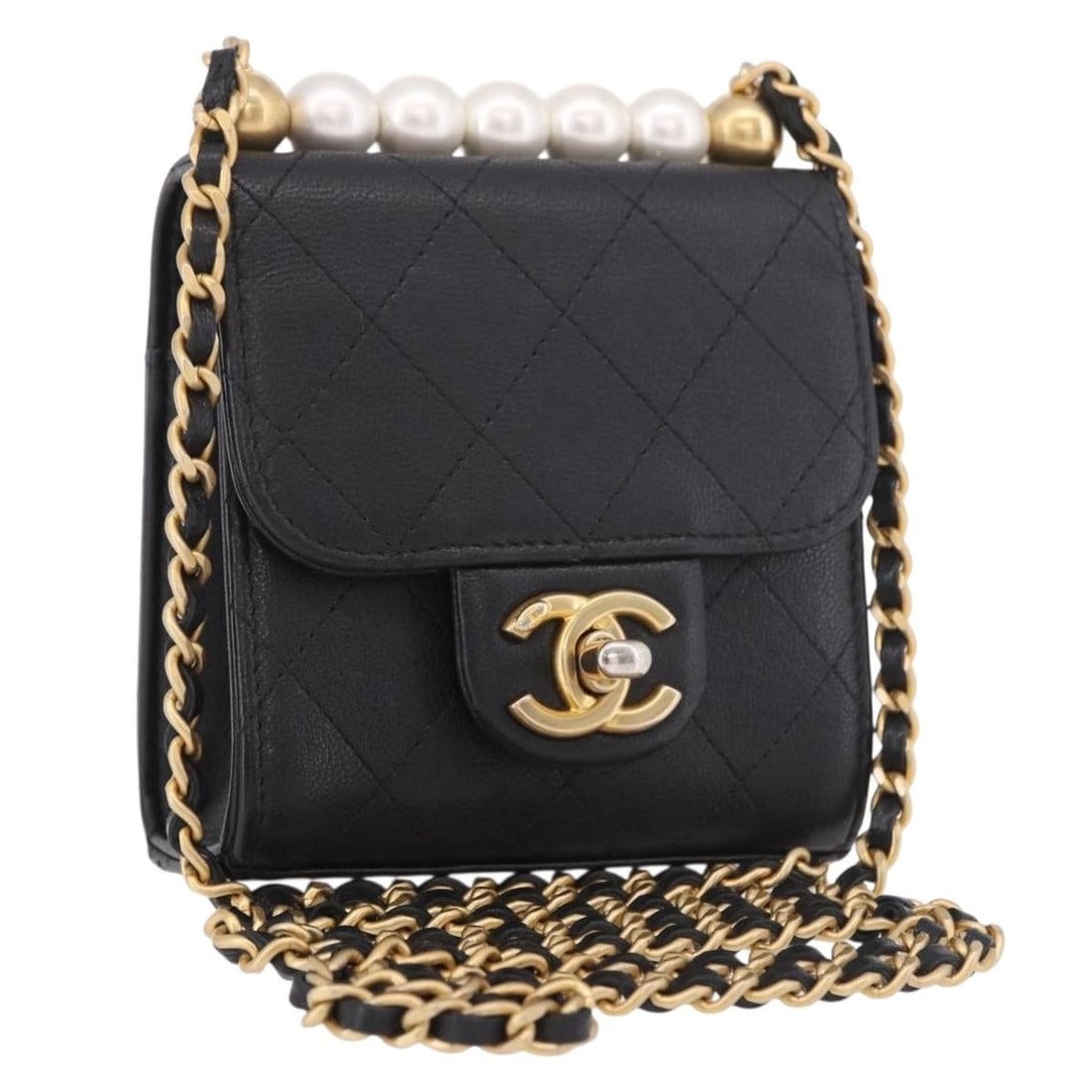 CHANEL Matelasse Lamb Skin Shoulder Bag Black Gold Tone CC: CHANEL Matelasse Lamb Skin Shoulder Bag Black Gold Tone CC This CHANEL Matelasse chain shoulder bag is crafted from lamb skin in black with gold-tone accents. It features a compact shoulder bag design