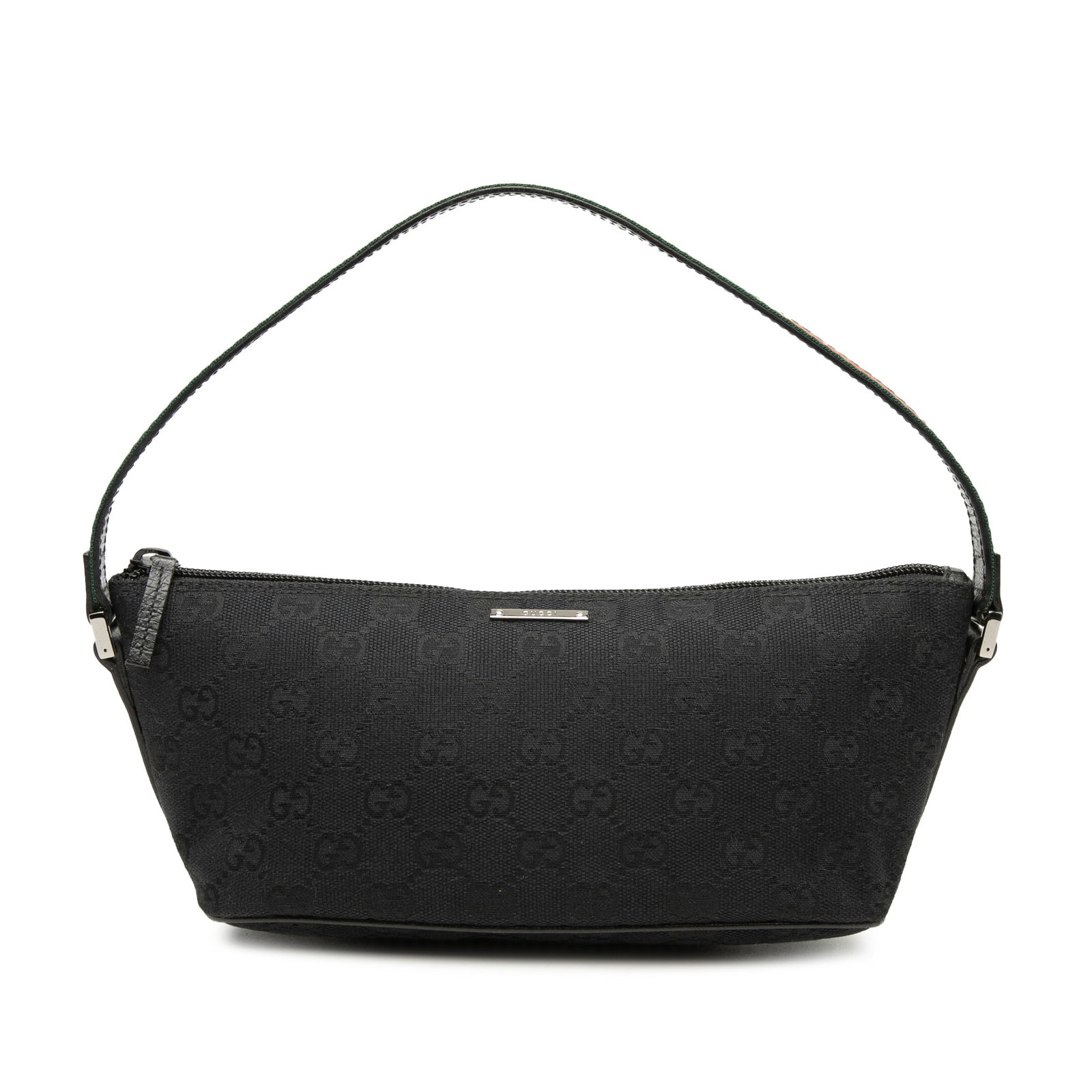 Gucci GG Canvas Boat Bag with Web Strap Black: Gucci GG Canvas Boat Bag with Web Strap Black This Gucci GG Canvas Web Boat is a black bag made with a canvas body, leather trim, and a flat web strap. It features a top zip closure and was made in It