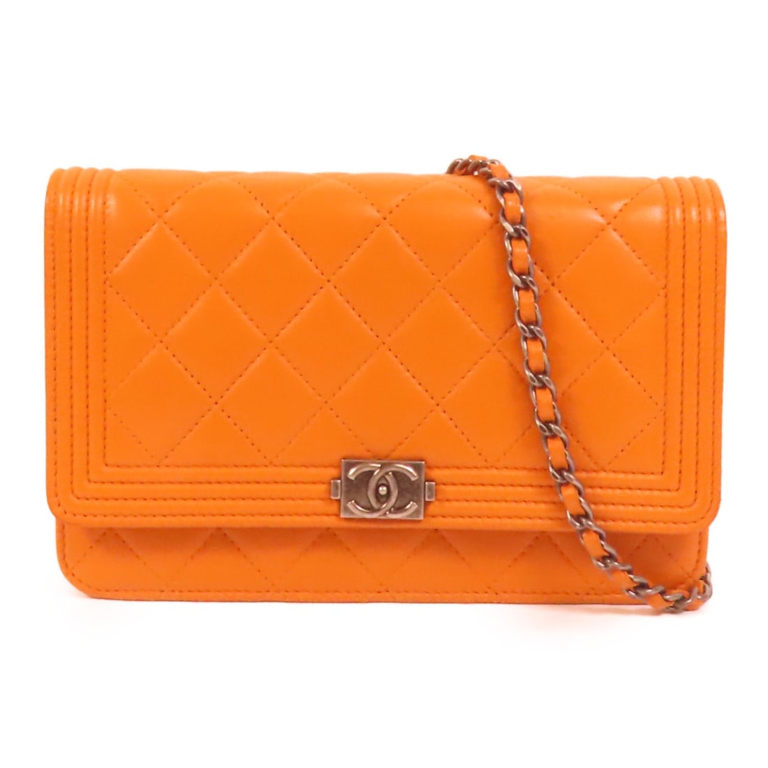 CHANEL Boy Wallet On Chain Orange Lambskin Shoulder Bag SHW: CHANEL Boy Wallet On Chain Orange Lambskin Shoulder Bag SHW CHANEL Boy Wallet on Chain shoulder bag in orange lambskin leather with CC hardware. This women's shoulder bag features a compact wallet-on-