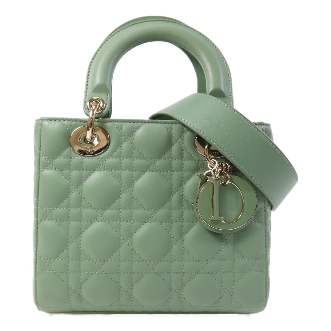 Dior Lady Dior 2 Way Shoulder Bag Green Calfskin CD GHW: Dior Lady Dior 2 Way Shoulder Bag Green Calfskin CD GHW Christian Dior Lady Dior 2-way shoulder bag in calfskin leather with CD GHW styling. This women's bag features a structured silhouette, an inter